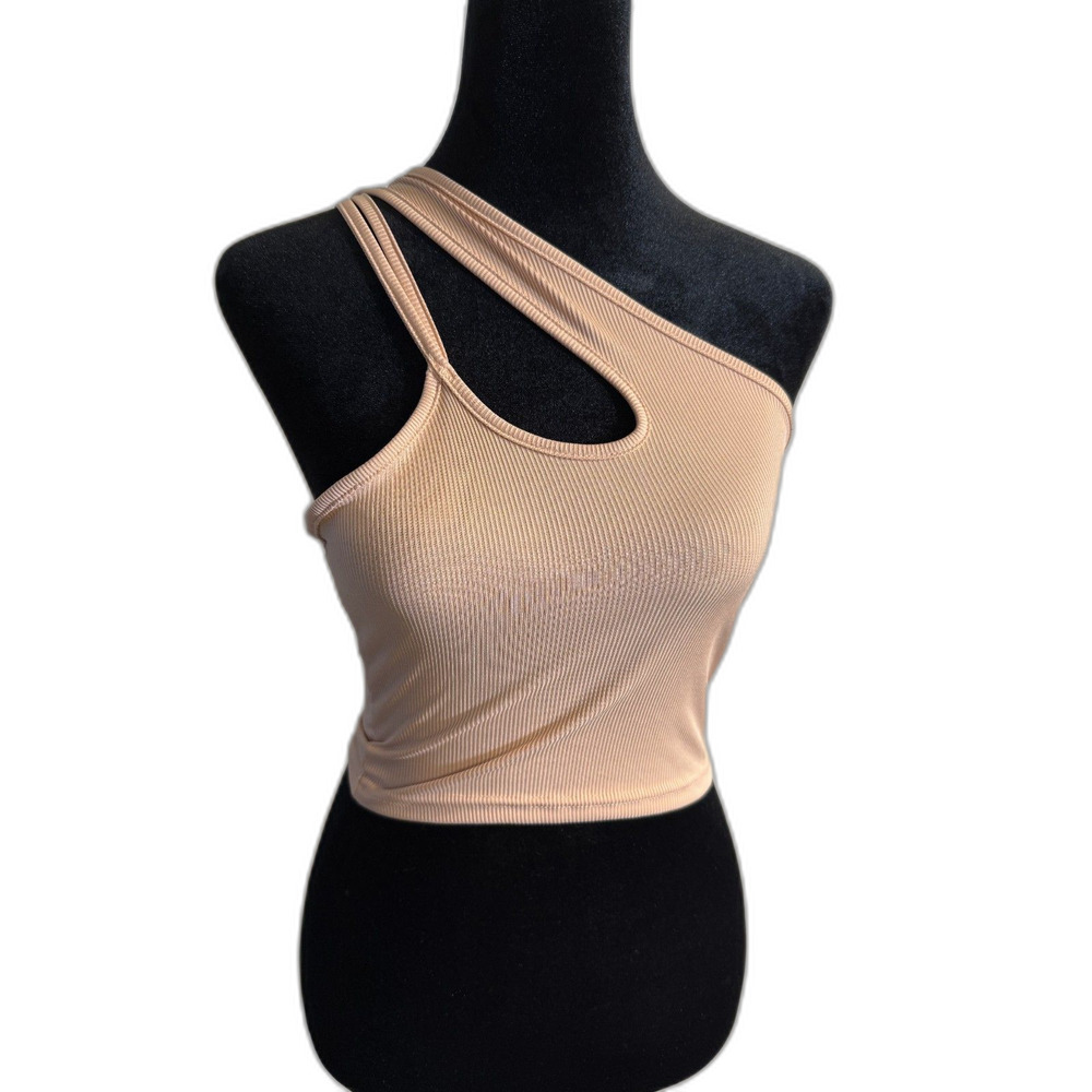 Nude Ribbed Asymmetric Cutout Crop Top — One Shoulder, Double Strap, Size S